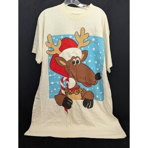 Vintage Christmas White T-Shirt Pajama Top Santa Reindeer Graphic One Size